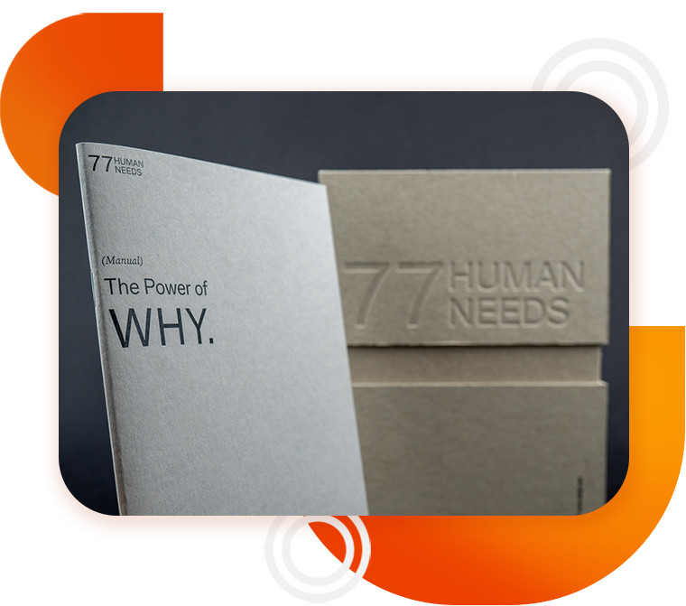 Zwei Umschläge oder Kartonagen jeweils mit Aufschrift „The Power of Why“ und „Human Needs“